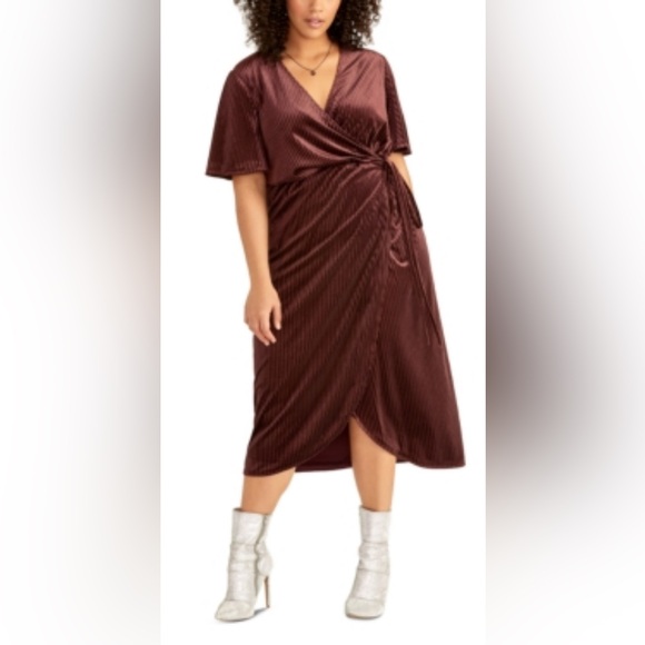 Rachel Rachel Roy 1X Velvet V-Neck Wrap & Tie Dress Short Flutter Sleeves Ribbed - Picture 1 of 11